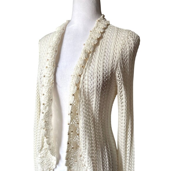 Crochet Open Front Cardigan Sz S Fairy Cottage Boho Wood Beads Scalloped NWT - Picture 3 of 14